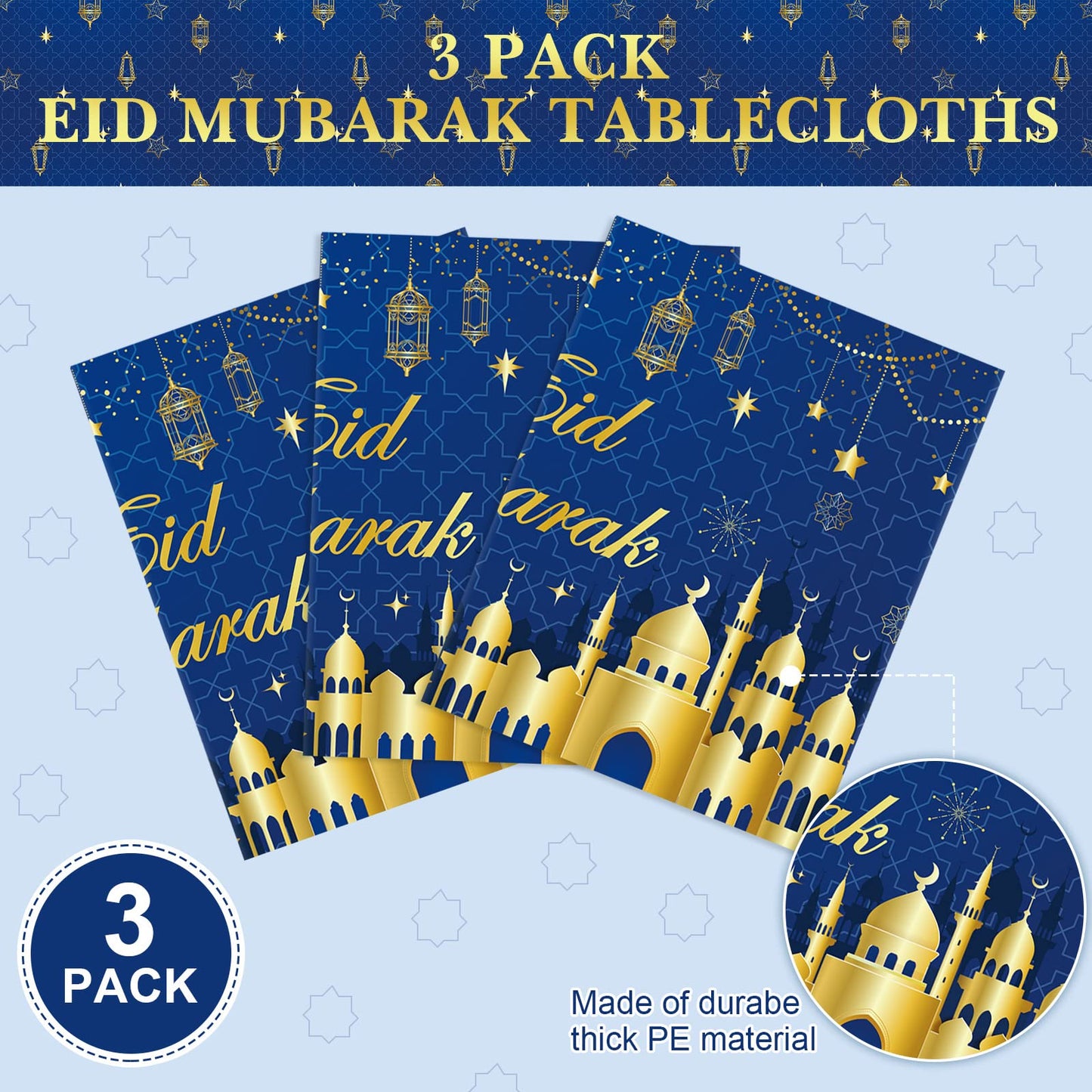 3 Pcs Eid Mubarak Tablecloth 54" x 108" Plastic Ramadan Table Cloth Disposable Rectangle Ramadan Kareem Table Covers Muslim Islamic Moon Star Party Tablecloth for Eid Al Fitr Party Decoration Supplies