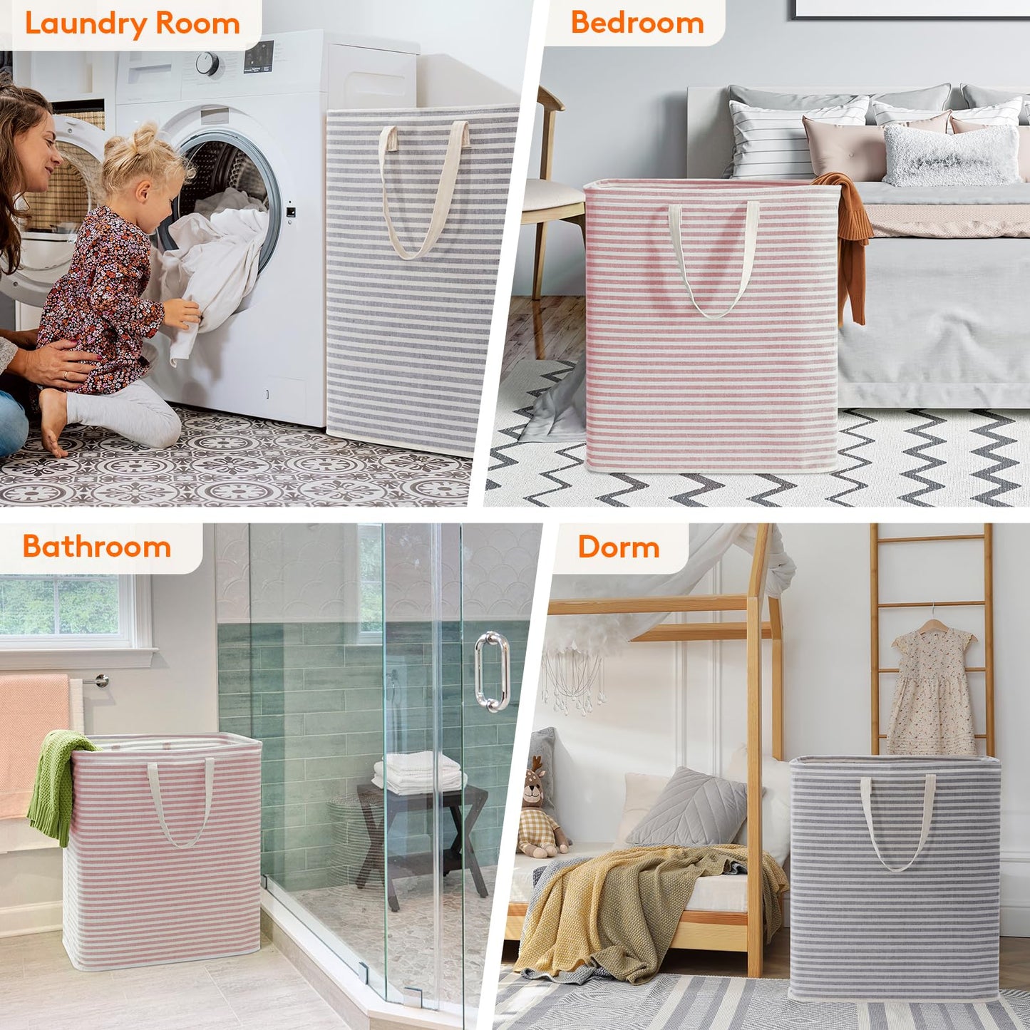Lifewit 2 Pack Laundry Basket 100L Each, Collapsible Clothes Hamper with Reinforced Handles, Freestanding Waterproof Design for Bedroom and Laundry Room, Grey&Pink 200L Total