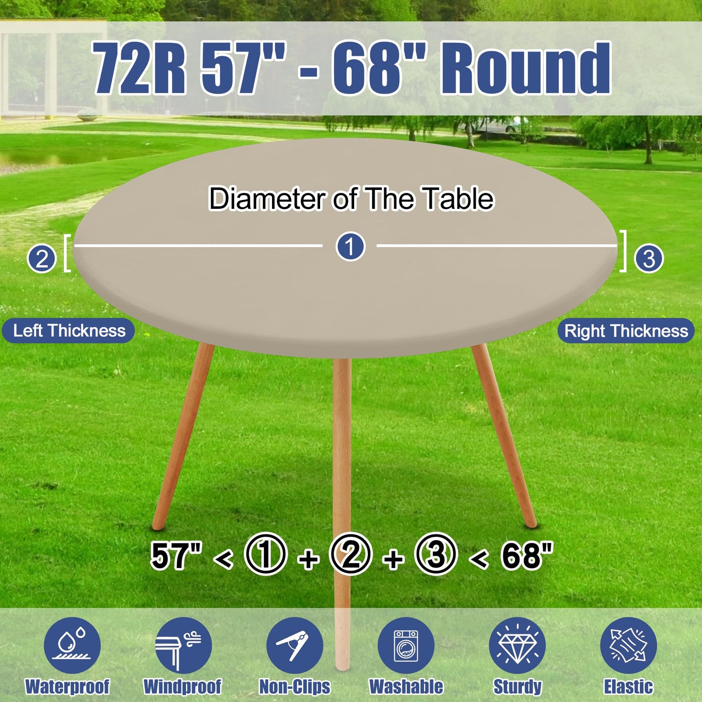 Moosfor Round Spandex Tablecloth, Elastic Fitted Waterproof Tablecloths for 57"-68" Tables, Stretch Washable Picnic Table Cover for Camping, Dining, Indoor and Outdoor, Taupe