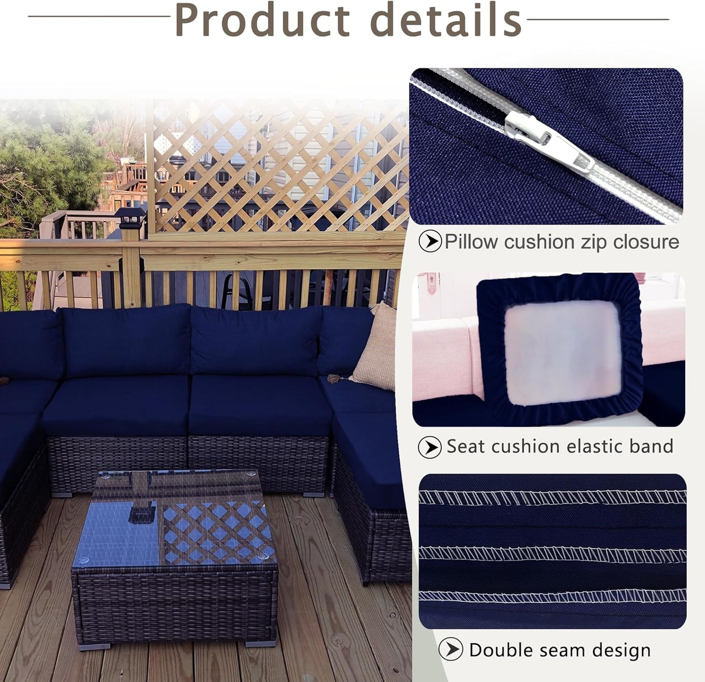 Sqodok Waterproof Outdoor Cushion Covers - 14-Piece Slipcovers for 7-Piece Rattan Sectional Sofa | Washable Blue