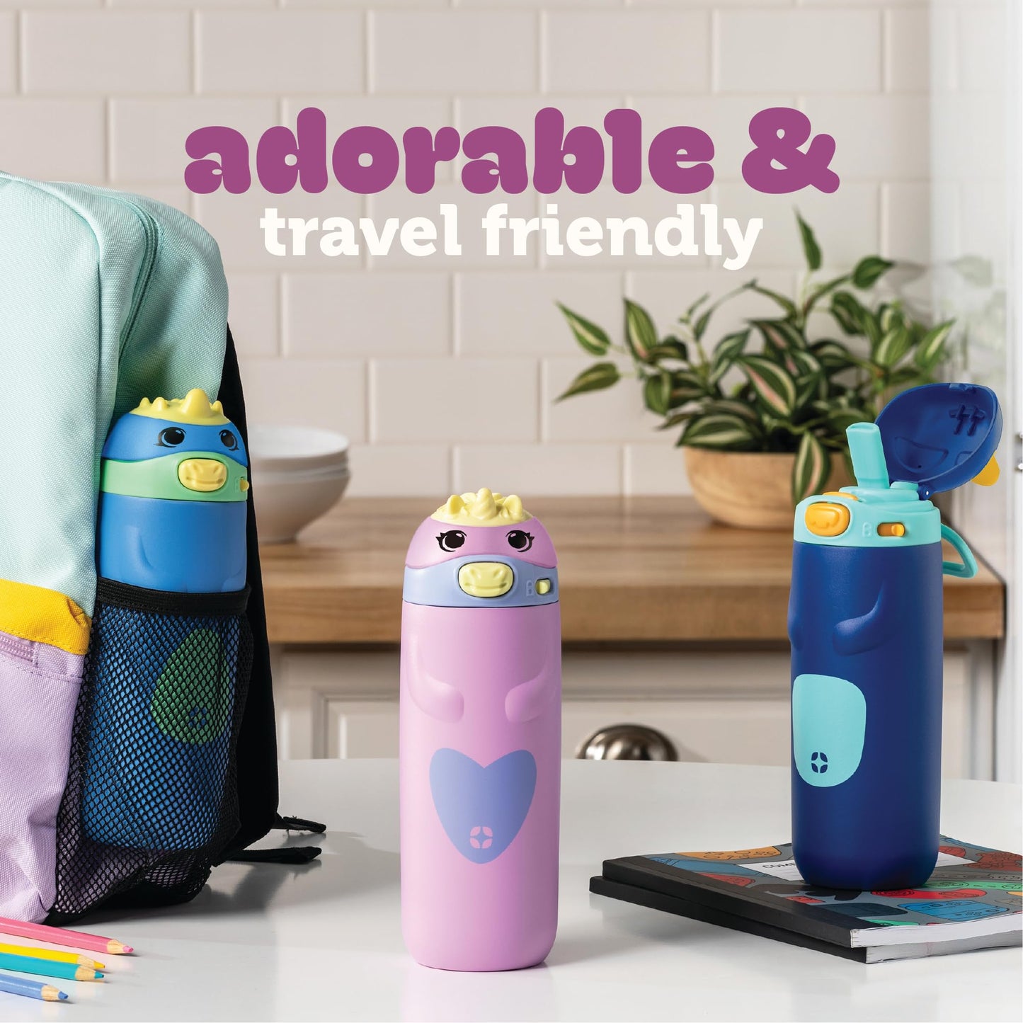 Ello Ellies 12oz Vacuum Insulated Stainless Steel Kids Water Bottle with Straw and Built-in Carrying Handle and Leak-Proof Locking Lid for School Backpack, Lunchbox and Outdoor Sports, Cat