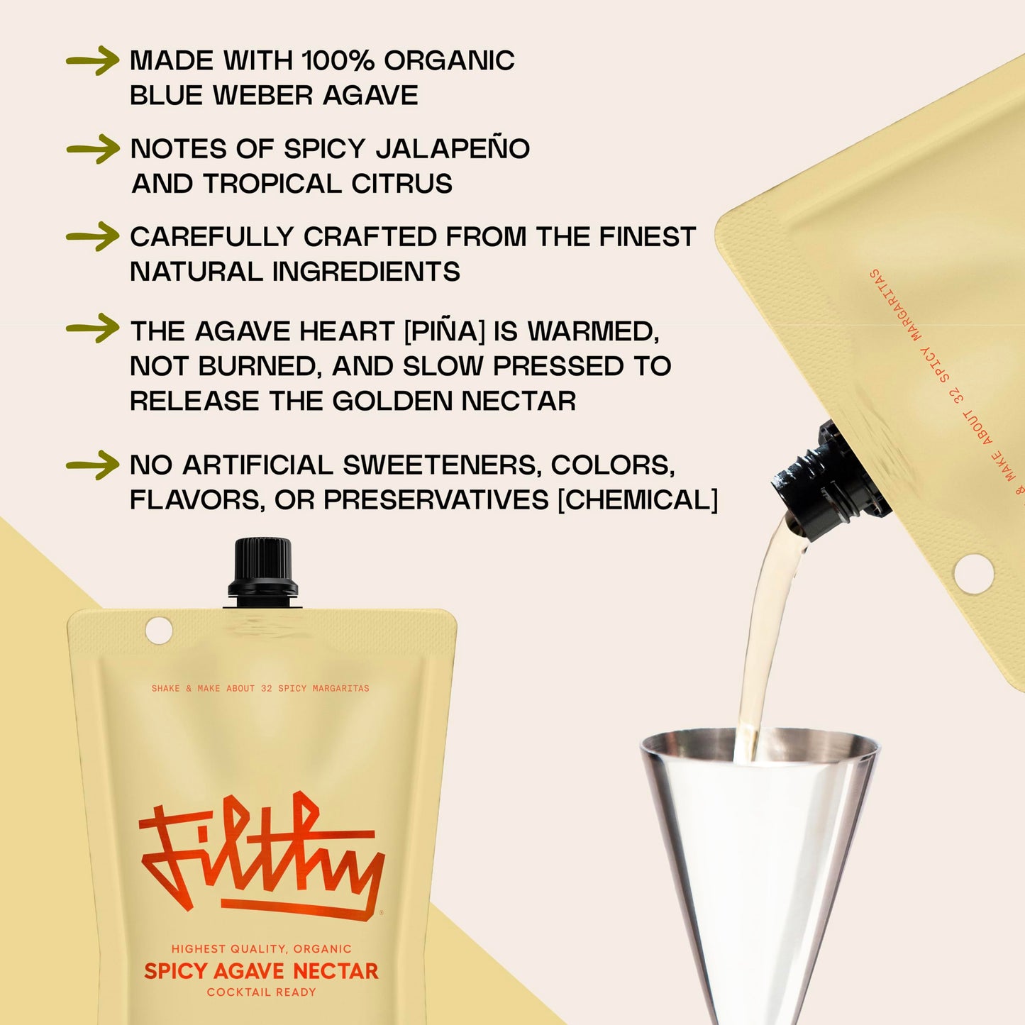 Filthy Spicy Agave Nectar All Natural Cocktail Mixer - Organic, Cocktail-Ready Agave Made With 100% Organic Blue Weber Agave - For Use in Margaritas and Your Favorite Cocktails, 32 oz Pouch, 1 Pack