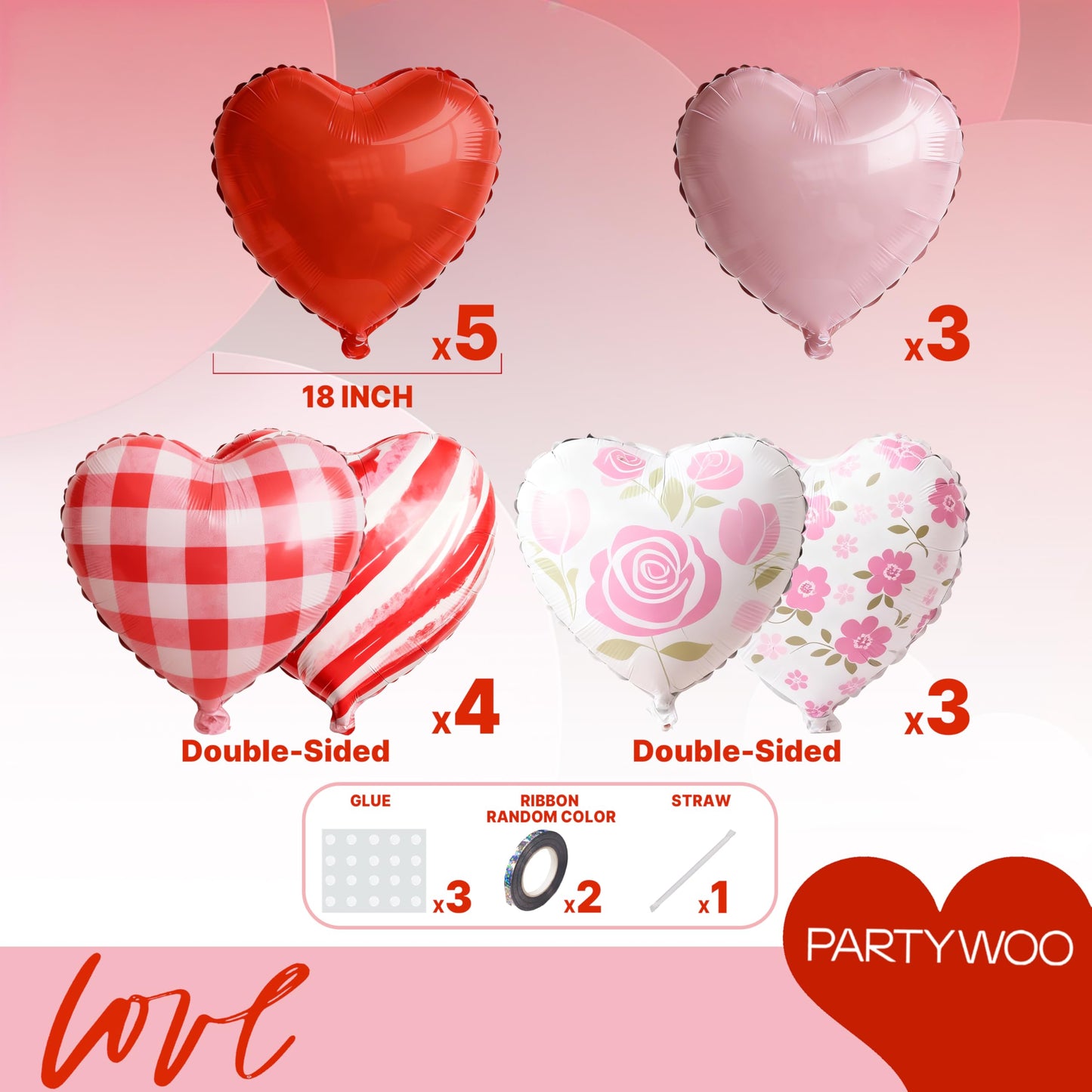PartyWoo Valentine's Balloons 15pcs 18 Inch Pink Red and White Foil Heart Balloons Set for Romantic Valentine's Day Galentine's Day Wedding Anniversary Engagement Bridal Shower Party Decorations