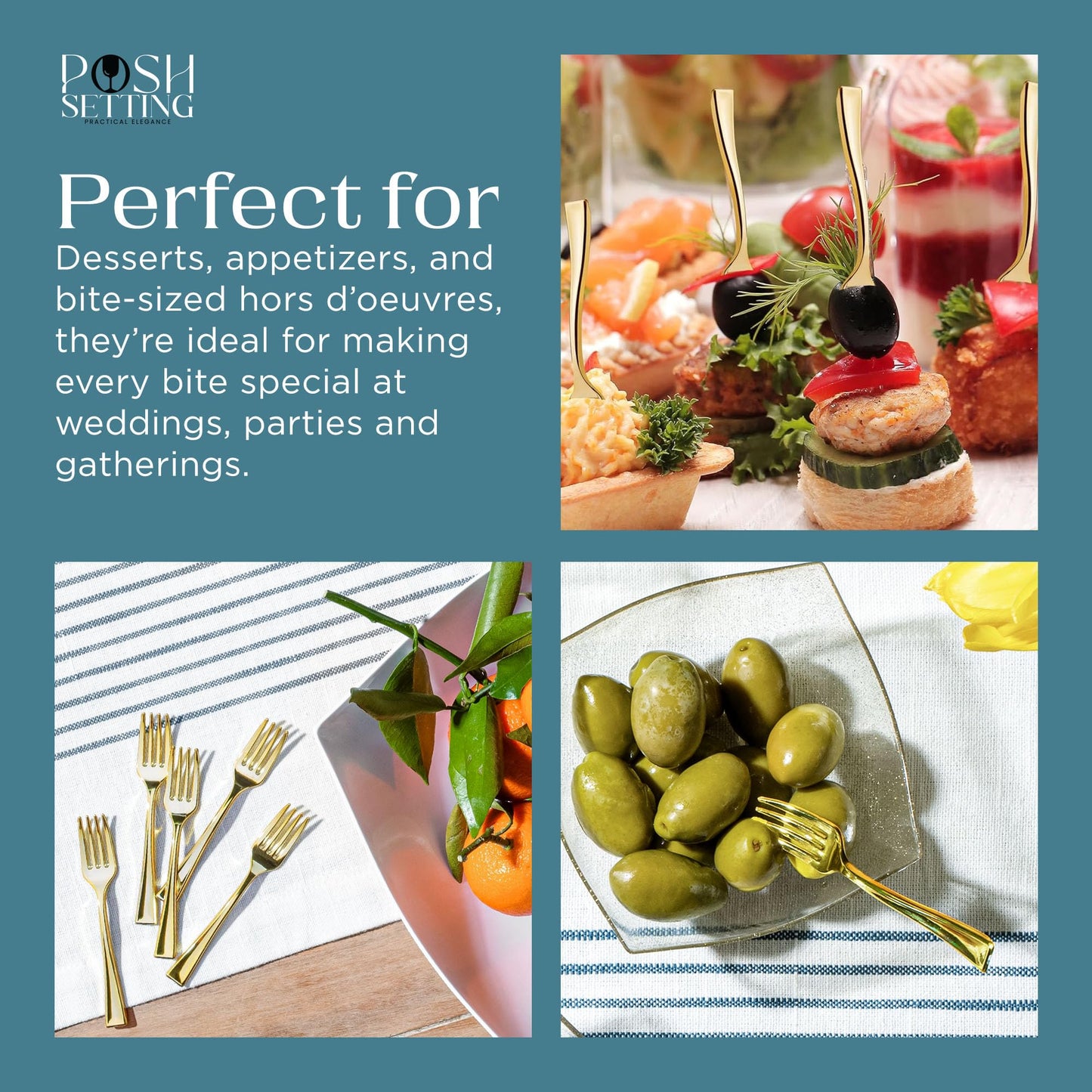 Posh Setting - Plastic Mini Forks, Gold Mini Forks, Gold Plastic Mini Dessert Forks, Disposable Tiny Gold Forks, 4 inch Gold Plastic Forks, Taster Forks, Small Forks, Appetizer Forks (80 Pack)