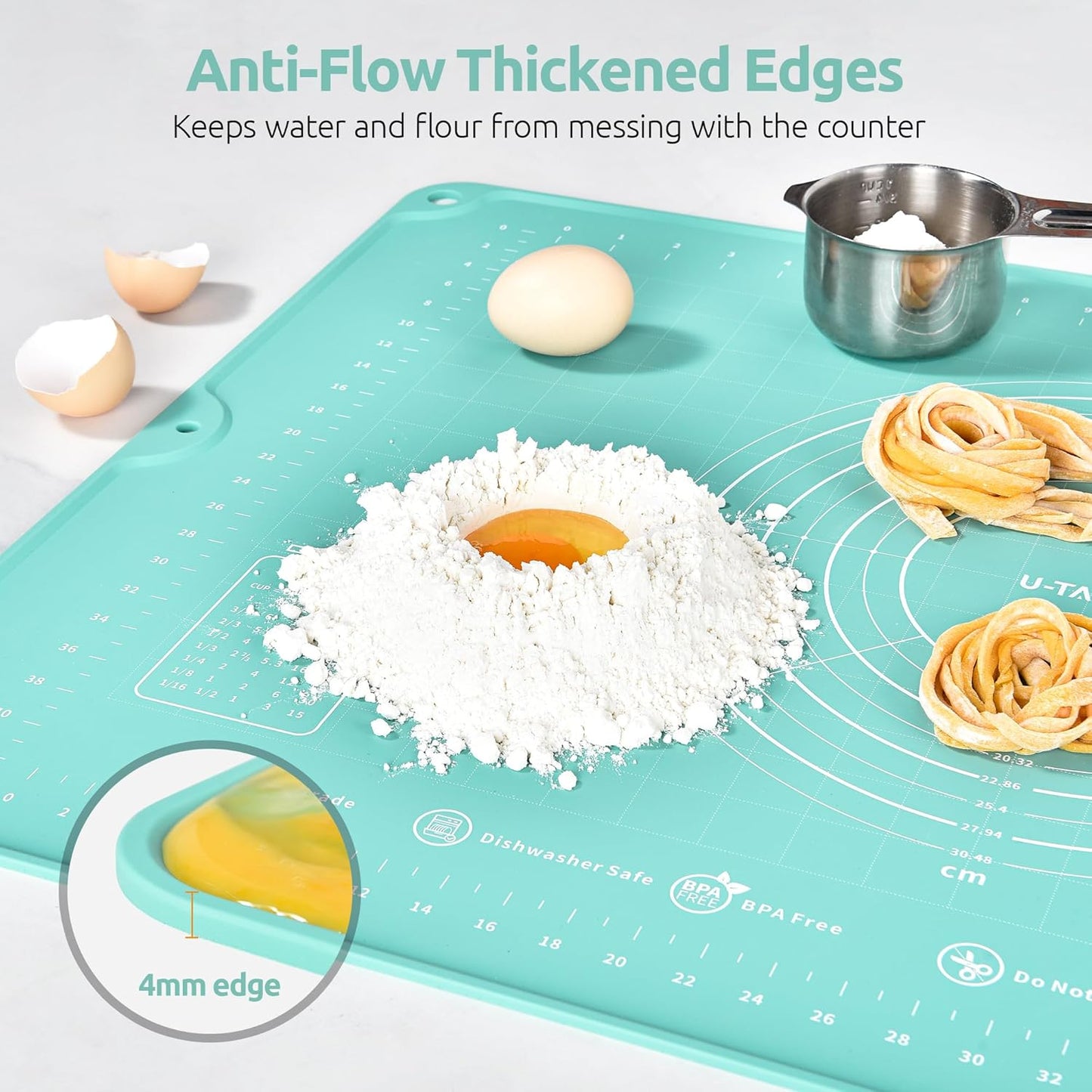 U-Taste Large Pastry Mat - 28"x20" Food-Grade Silicone Baking Sheet with Non-Stick Surface & Clear Measurements (Aqua Sky)