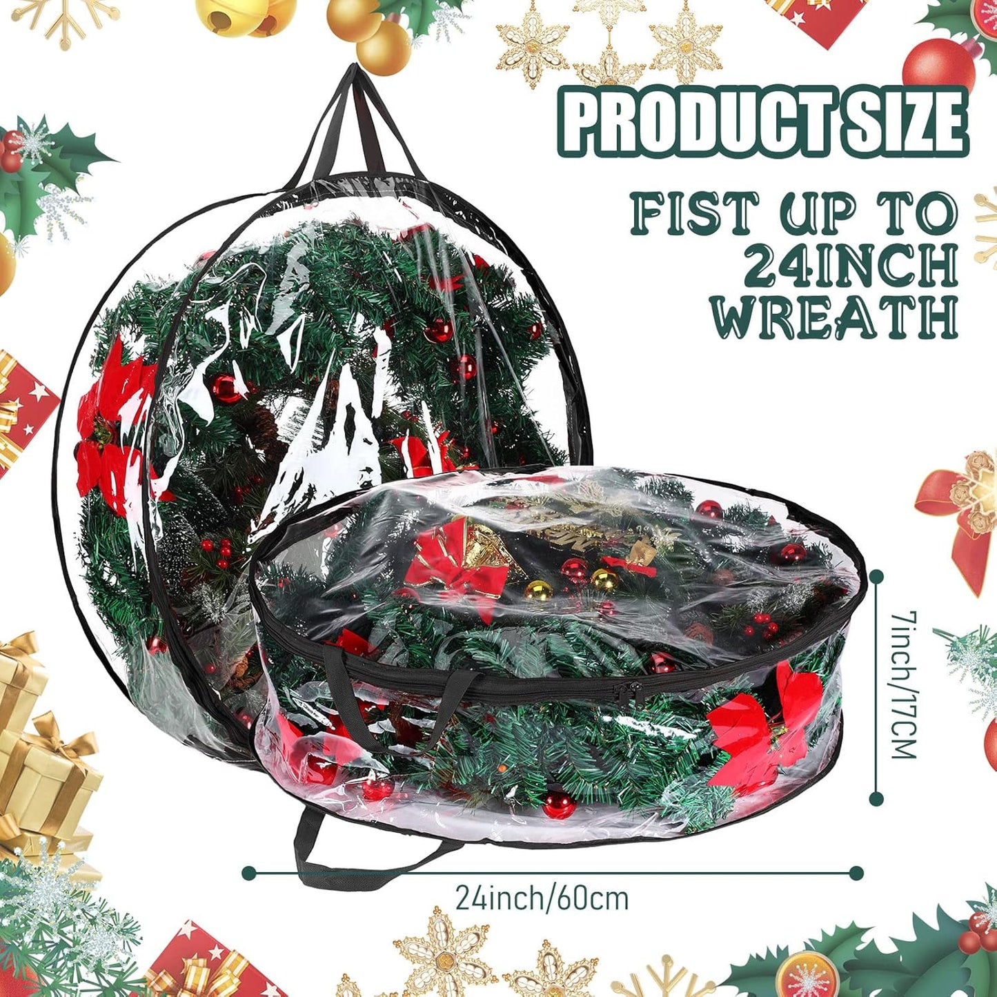 Shappy Christmas Wreath Storage Bag - 24 Inch Clear Container with Dual Zippers & Reinforced Handles | Black