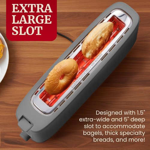 Elite Gourmet SLIMTOAST™ 2-Slice Long Slot Toaster - Cool-Touch Body & 6 Toast Settings | Extra Wide 1.5” Slot in Grey