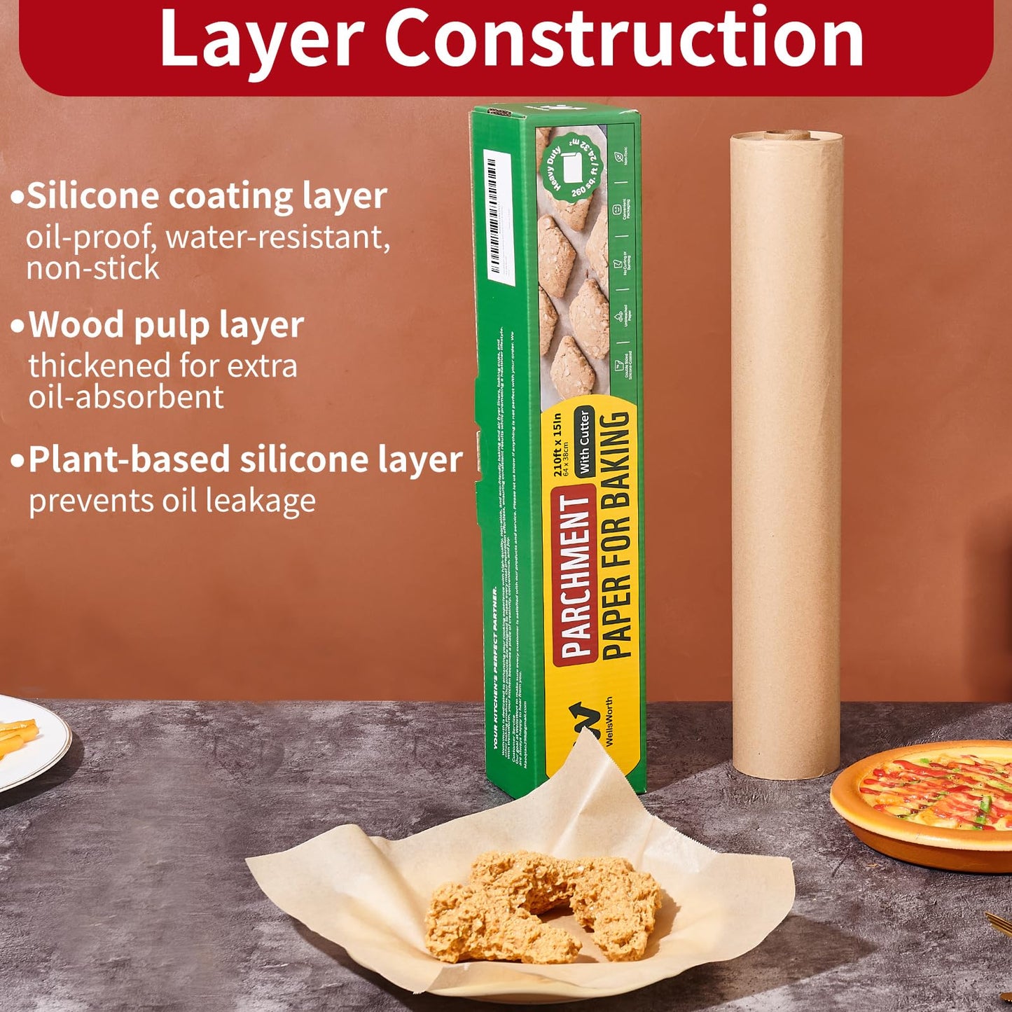 Unbleached Parchment Paper Roll, 15 in x 210 ft Unbleached Non-Stick Baking Paper, Heat Resistant & Food Grade Brown Parchment for Baking, Oven, Cooking, Grilling, Air Fryer