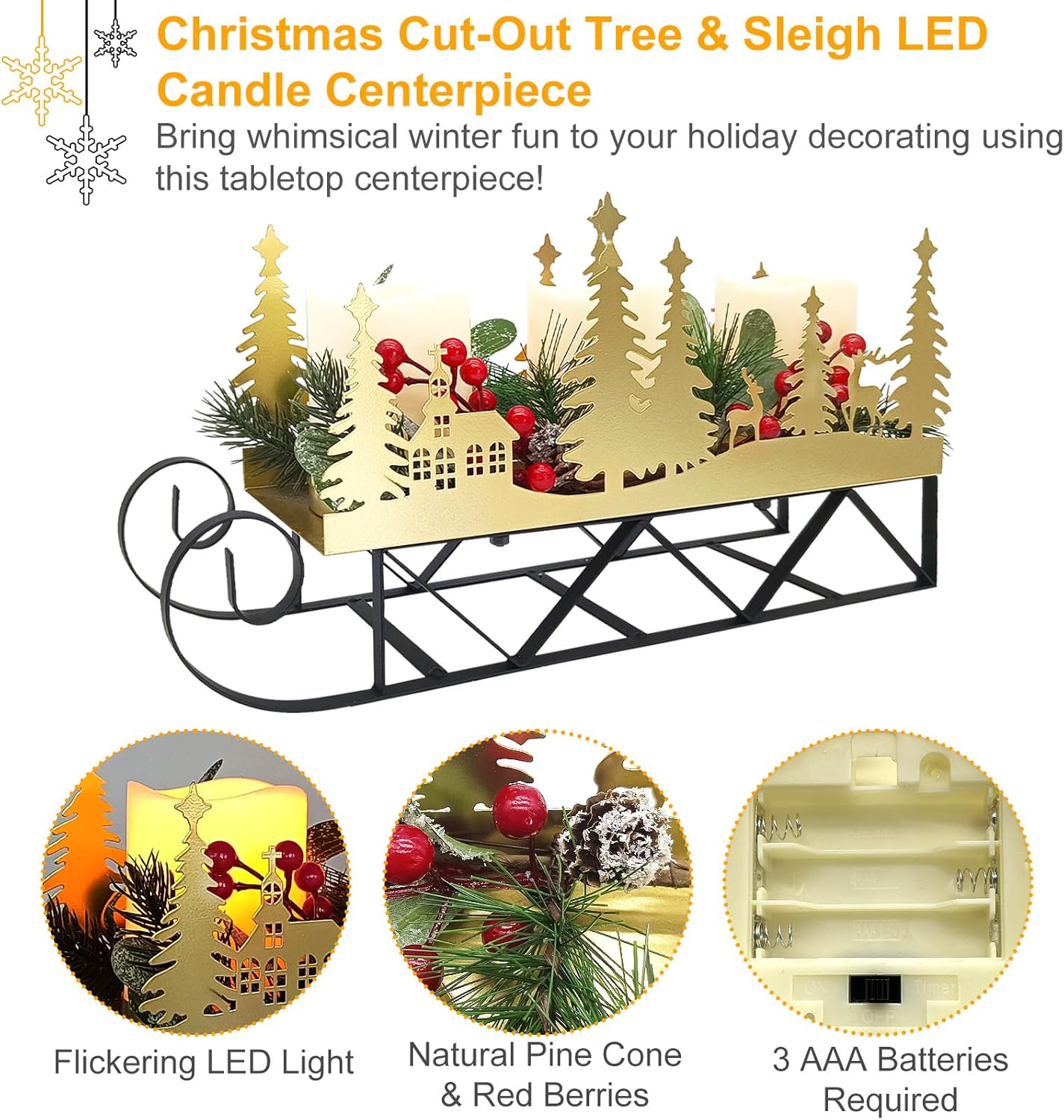 Skiennix Christmas Sleigh Table Centerpiece - Gold Cut-Out Tree LED Candle Holder with Timer for Holiday Decor