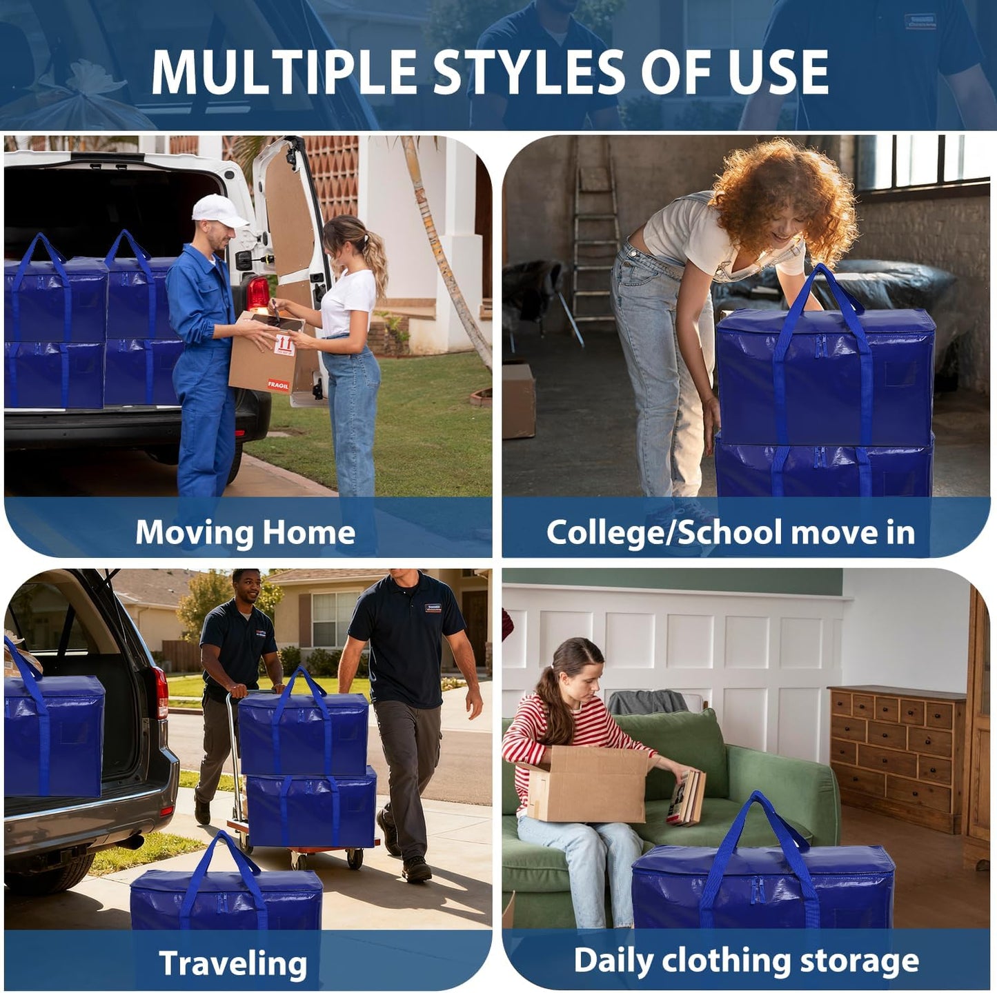 Skiennix Heavy-Duty Extra Large Moving Bags - Waterproof Storage Totes with Handles & Zippers | 6 Pack (Blue)