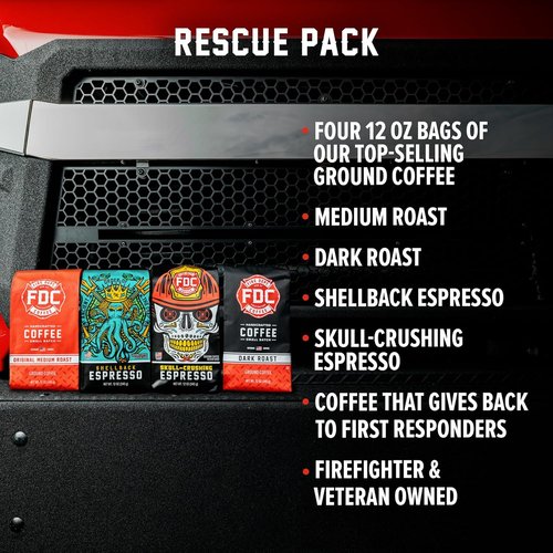 Fire Department Coffee - Rescue Variety Pack Ground Coffee - Medium, Dark & Espresso Blends | 12 oz, Pack of 4
