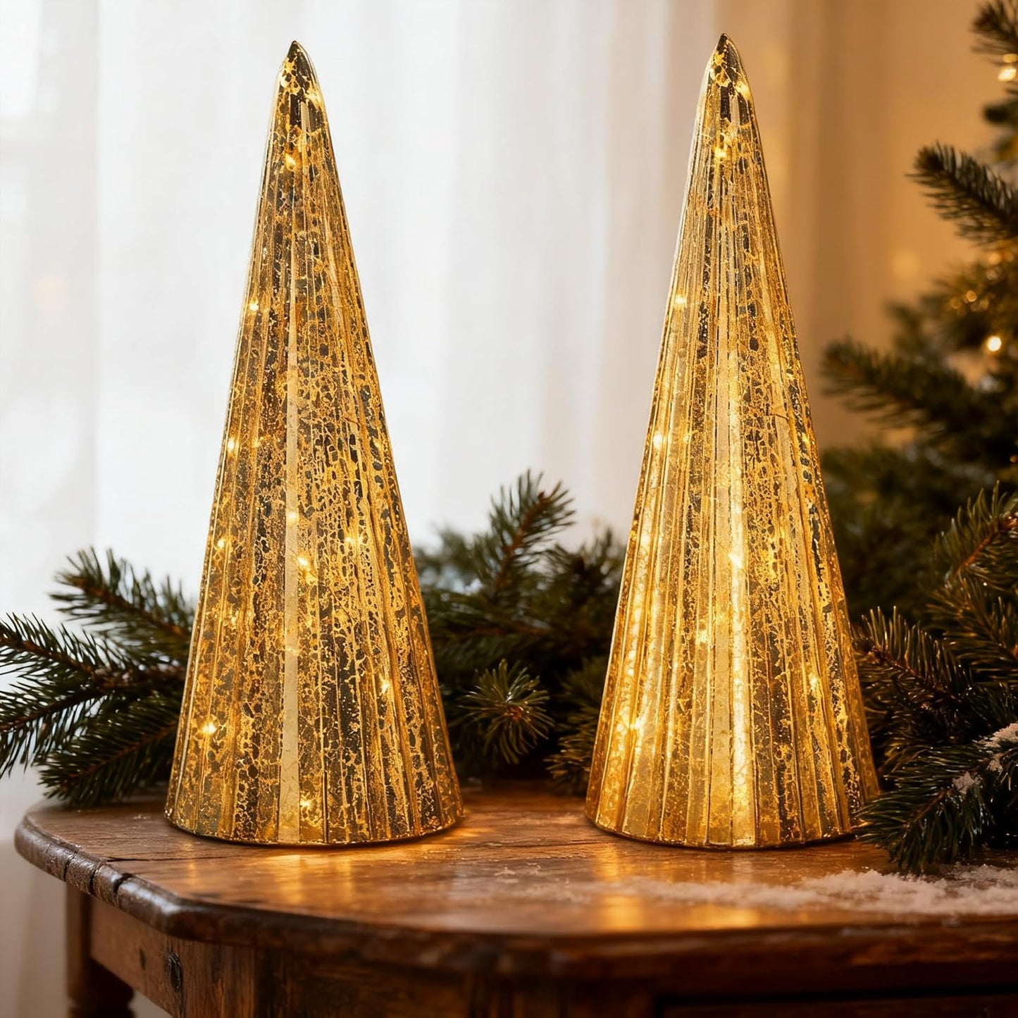 Regine Switzerland Mercury Glass Christmas Tree Set - Silver LED Collectible Figurines for Indoor Decor