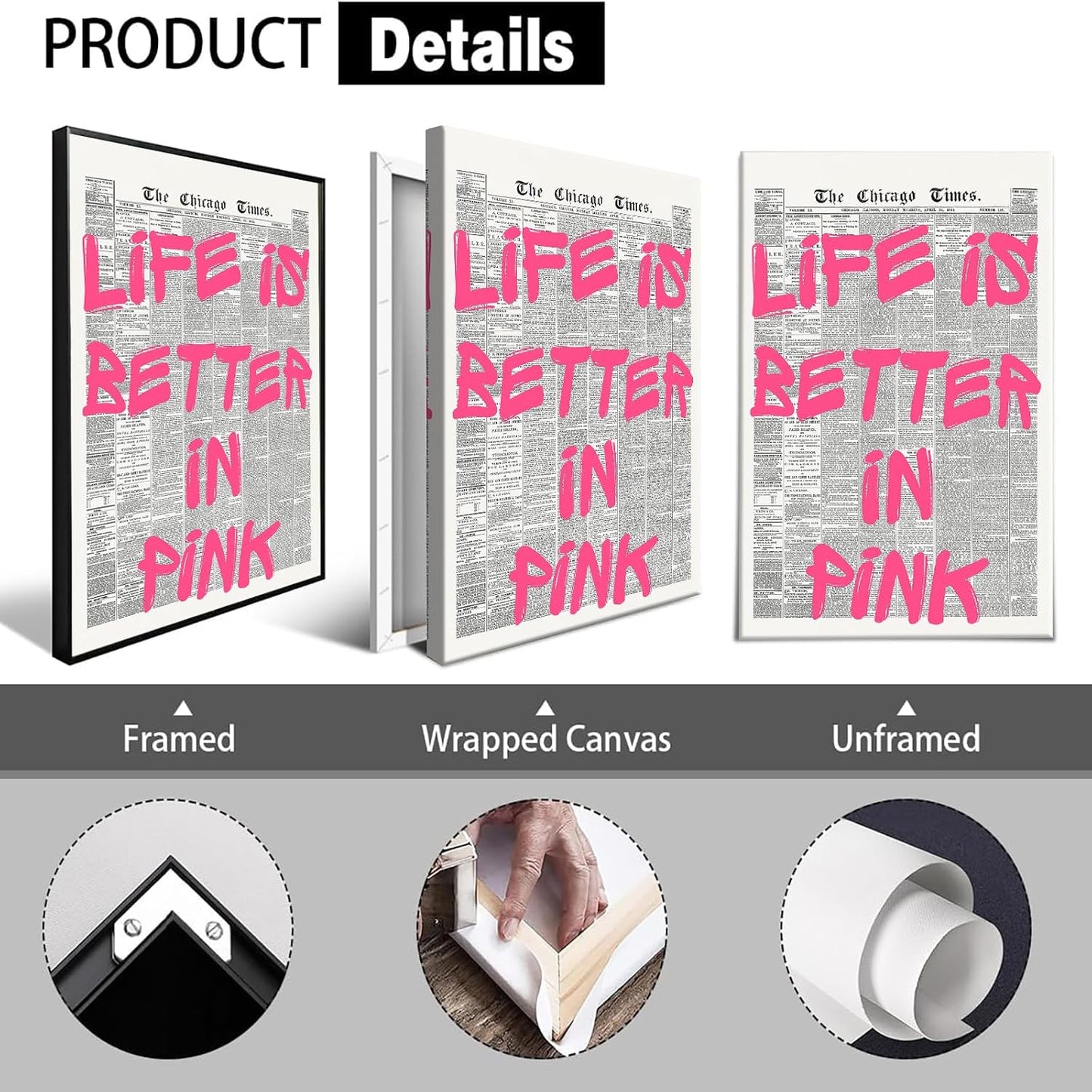 Skiennix Pink Wall Art - Retro Newspaper Canvas Poster with Positive Quote | 16x24in Minimalist Decor