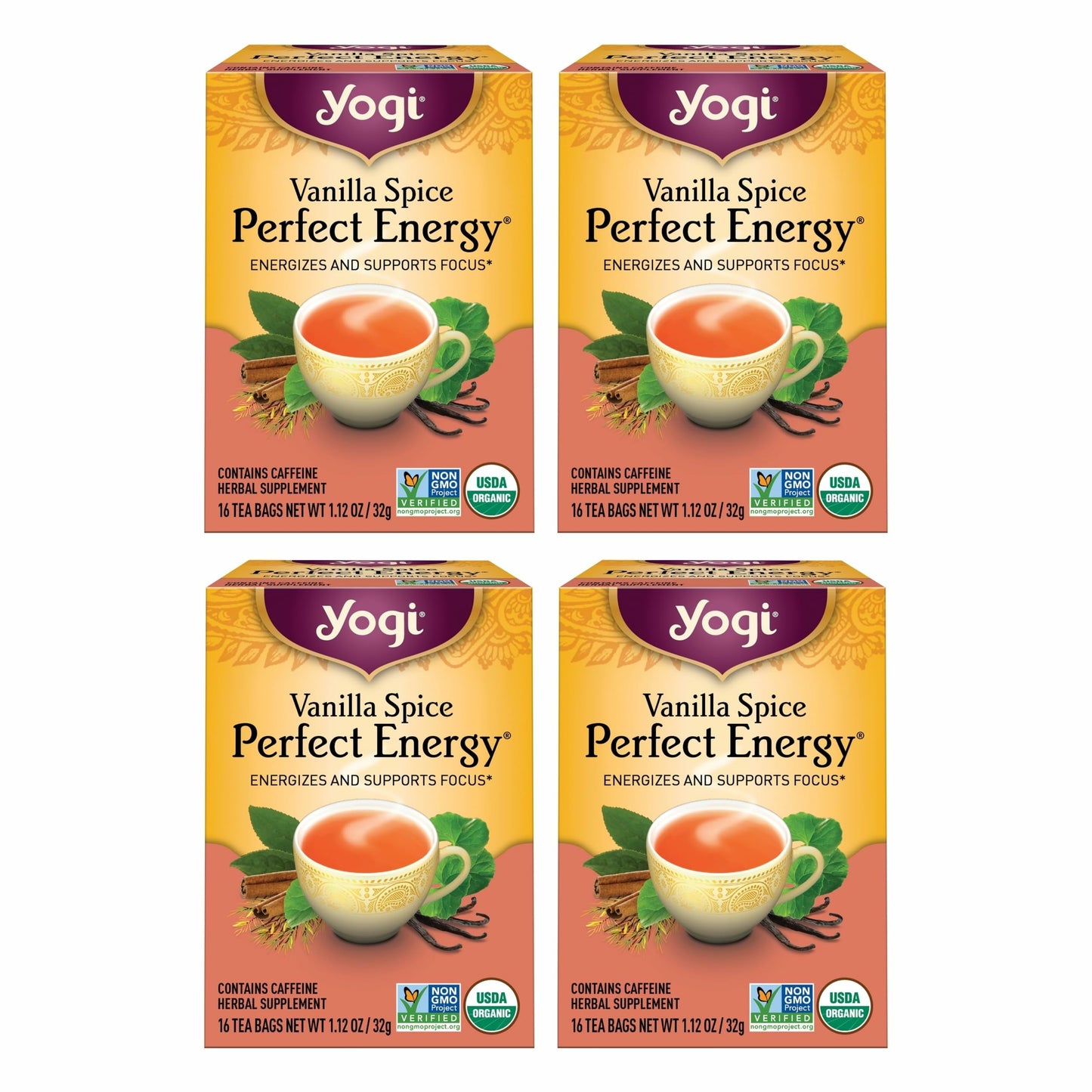 Yogi Tea Vanilla Spice Perfect Energy - 16 Bags per Pack (4 Packs) - Organic Vanilla Energy Tea - Focus Tea - Includes Green Tea, Black Tea, Ashwagandha, L-Theanine & More