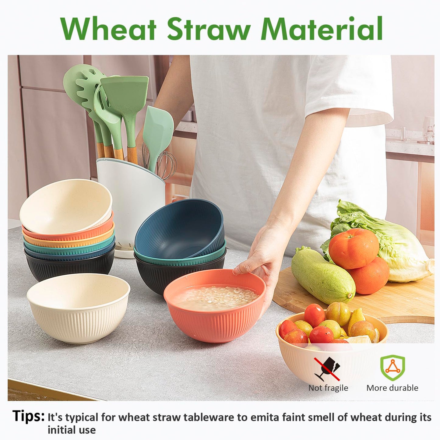 LIANGKEN 12-Pack of 24 oz Unbreakable Cereal Bowls, Reusable Plastic Lightweight Bowls, Made from Wheat Straw Fiber, Ideal for Salads, Soups, Ramen, Noodles, and Oatmeal