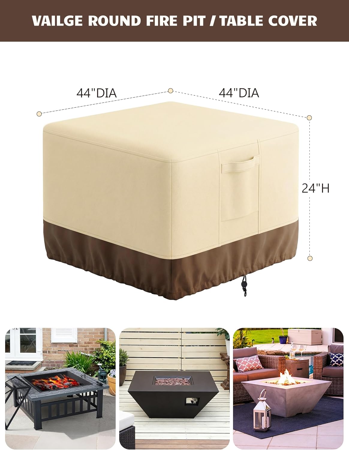 Vailge 100% Waterproof Square Fire Pit Cover - Heavy Duty Outdoor Protection | 44"L x 44"W x 24"H, Beige & Brown