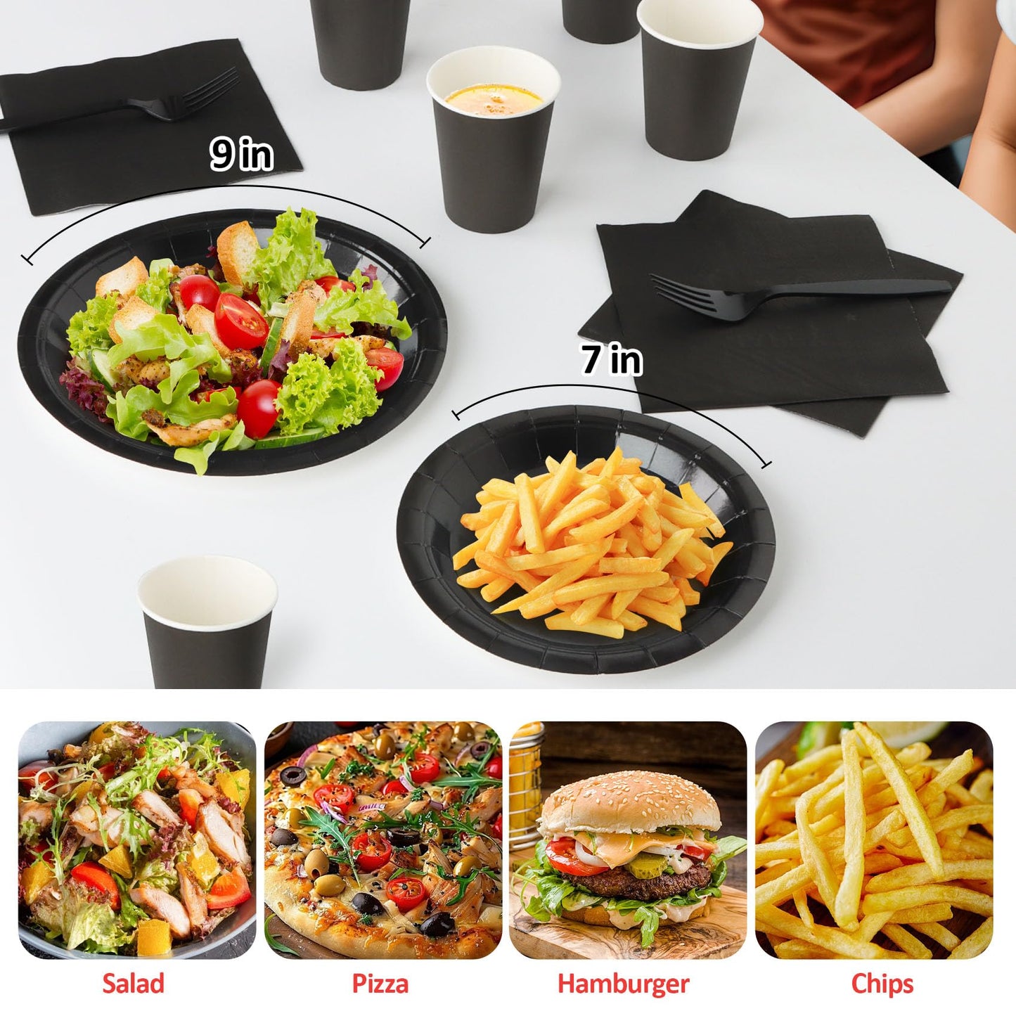 Black Paper Plates and Napkins, Disposable Black Party Plate Include 7&9INCH Plates Cups Napkins Forks Party Supplies for Father‘s Day, Graduations, Retirement, Birthday, Halloween for 25 Guests
