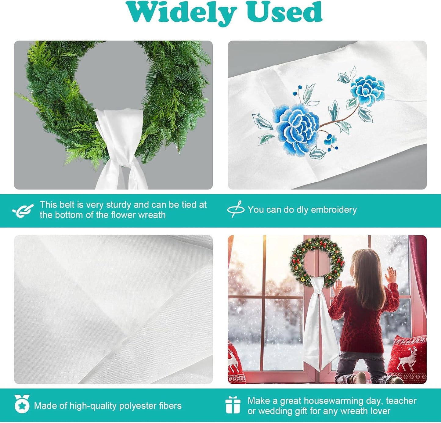 Skiennix 6Pcs White Wreath Sash - Blank Embroidery Door Hanger for Christmas & Halloween | 5x55in