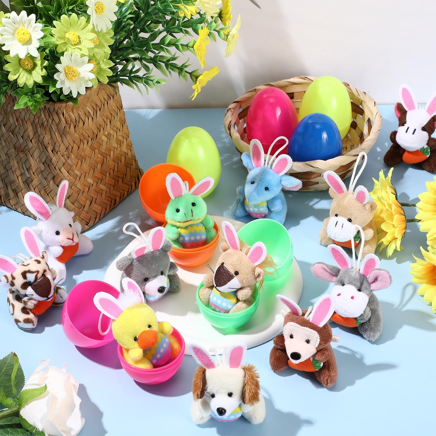 Lunmon 36 Pcs Prefilled Easter Eggs Filled with Mini Plush Animal Toys for Kids Baster Stuffer Filler Stuffed Animals with Carrot for Easter Egg Hunt Filler Party Favors Classroom Prize Supplies