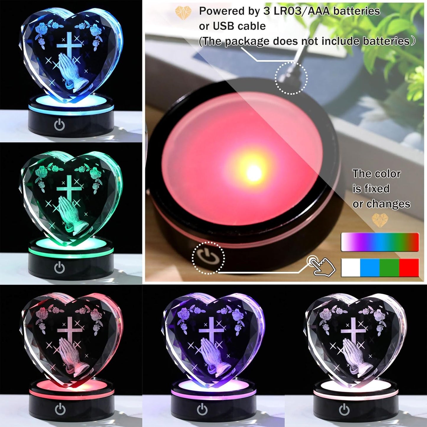 Ornalrist Crystal Heart 3D Praying Hands | Colorful LED Base | Religious Gift for Men & Women