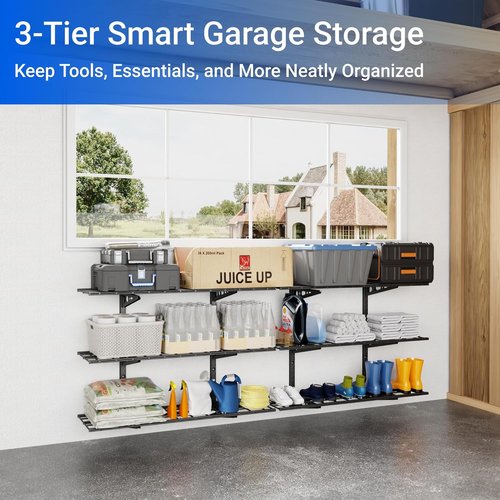 FLEXIMOUNTS 3-Tier Garage Storage Wall Shelving - Adjustable Heavy-Duty Floating Shelves | 600lbs Capacity, Black