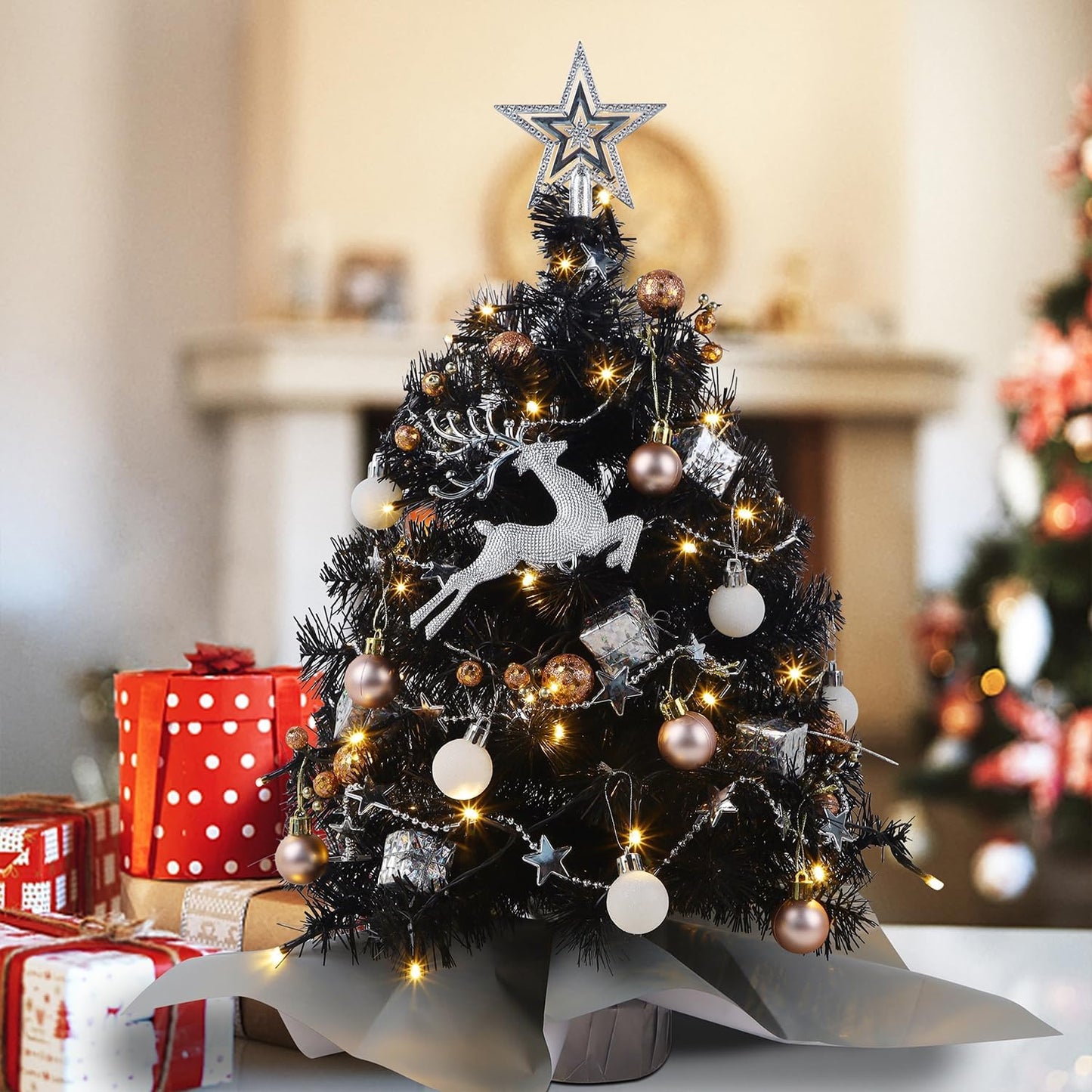 Juegoal Mini Christmas Tree - 24 Inch Lighted Tabletop Pine Tree with 50 LED Lights | Battery Operated & Timer