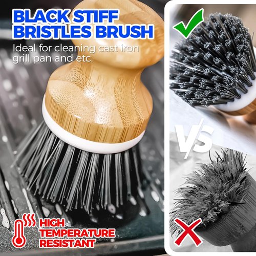 Holikme Dish Brush Set - 6 Pack with Long Handle, Bottle Brush & Palm Scrub for All Cookware - Dark Gray