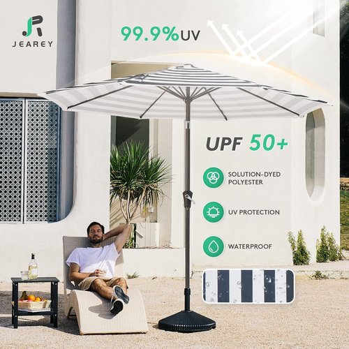 JEAREY 9FT Outdoor Patio Umbrella - Push Button Tilt & Crank | UV Protection, Waterproof, Black & White Stripe