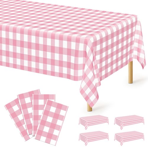 4Pack Pink Table Cloth, 54" x 108" Plastic Table Cloth Disposable, Waterproof Picnic Table Cover Checkered Rectangle Tablecloths for Indoor Outdoor Picnic Birthday Party Supplies Gathering BBQ Holiday
