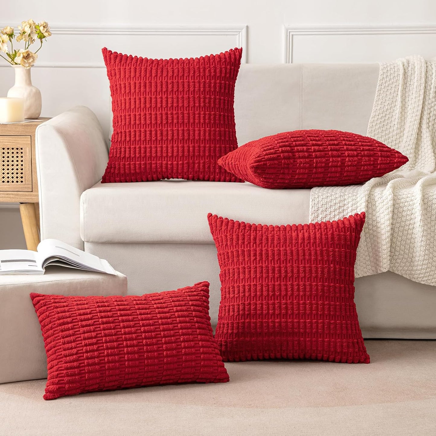MIULEE Red Corduroy Decorative Pillow Covers - Soft Boho Striped Design | 18x18 Inch for Modern Home Decor