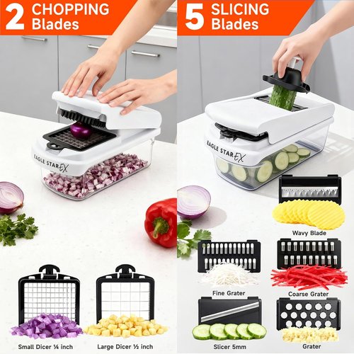 EaglestarEX Vegetable Chopper - Versatile Mandoline Slicer & Grater with Container | White/Black