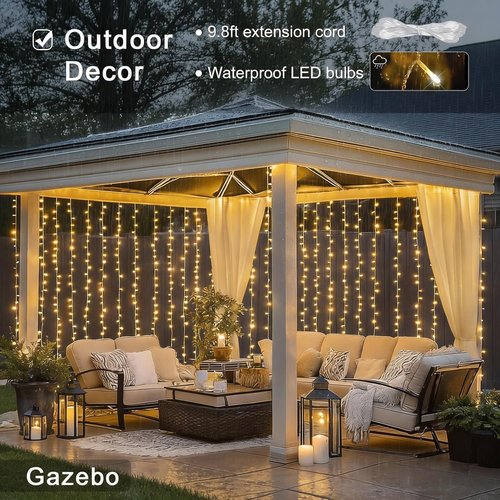 JMEXSUSS 900 LED Outdoor Curtain Lights - 9.5x29.5ft Twinkle String Lights with Remote | Warm White for Weddings & Decor