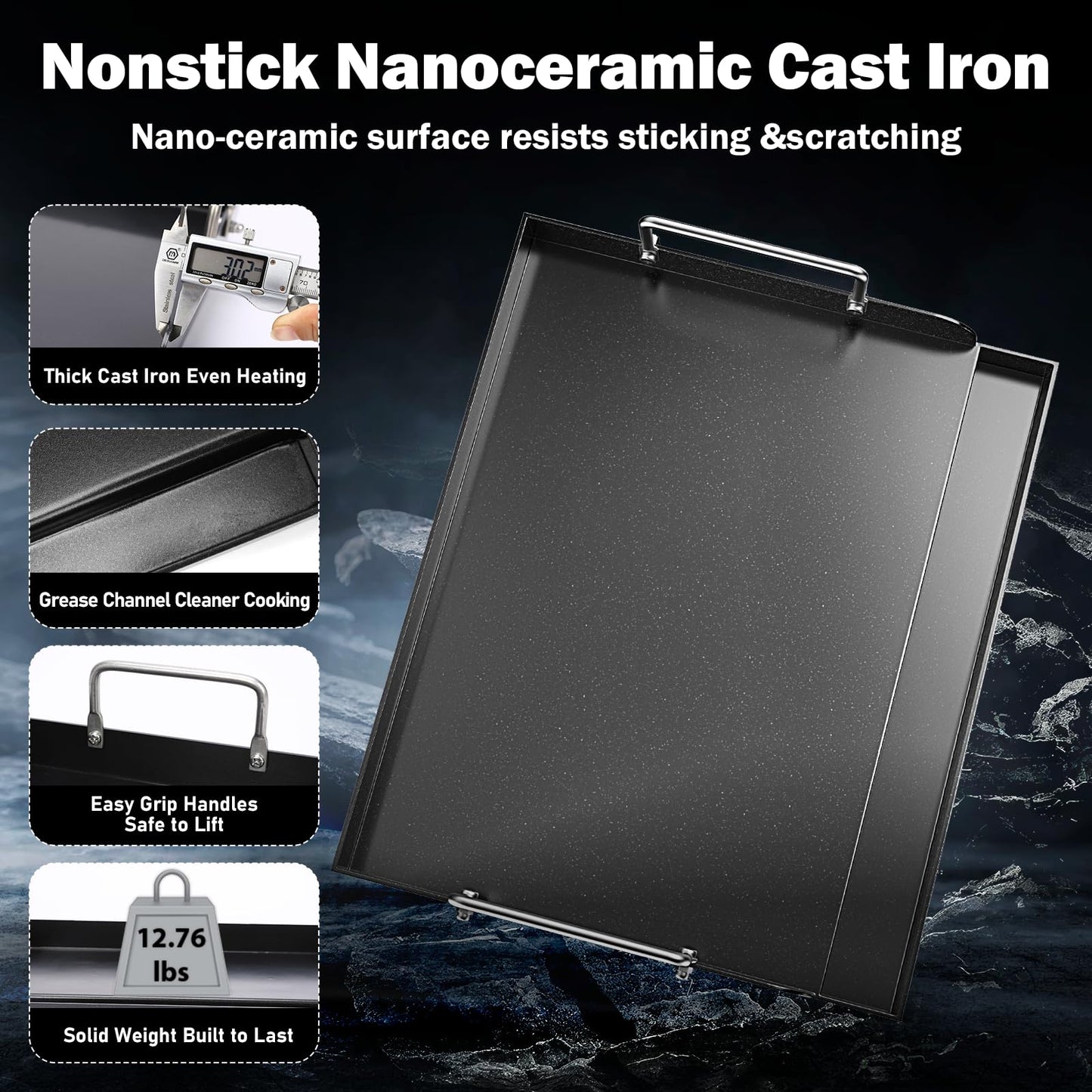 Nonstick Nanoceramic Griddle Plate, Pre-Seasoned Heavy-Duty Flat Top Insert, Universal Outdoor Cooking Griddle for Gas Grill/Charcoal/Gas Stove, Camping, Tailgating, Parties & Backyard BBQ, 17"x13"