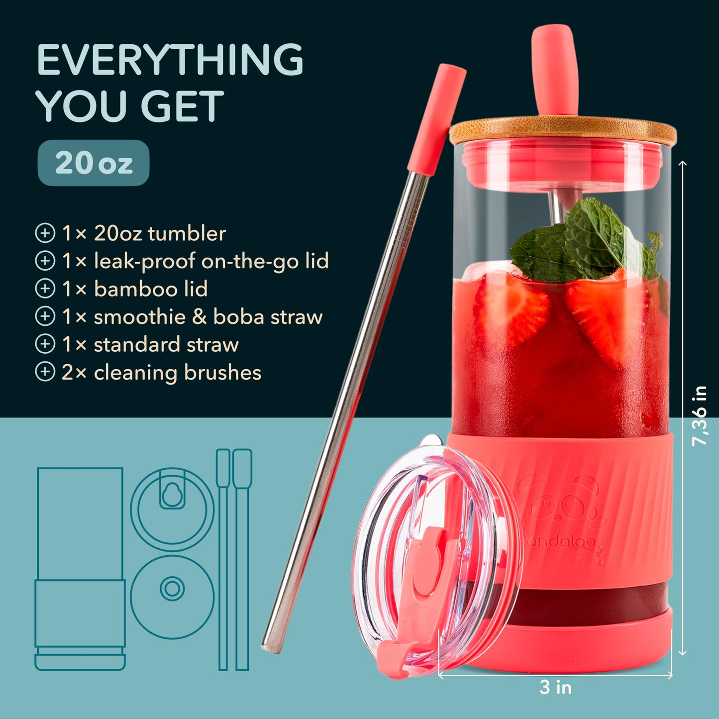 Pandaloo® Glass Cups With Lids and Straws -20 Fl Oz- Perfect Size Iced Coffee Cup - Smoothie Cup With Bamboo Lid and On the go Lid - Glass Tumbler With Straw (1 Count (Pack of 1), Coral)