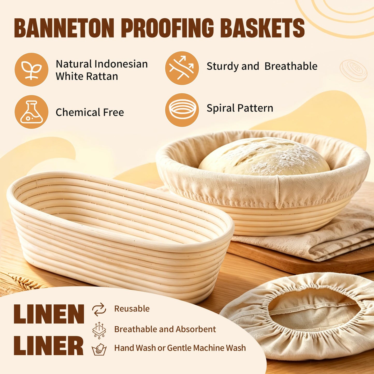 Sourdough Bread Baking Supplies, 2 Pack Banneton Bread Proofing Basket 10 inch Round & 10 inch Oval Proofing Bowls for Sourdough Bread with Liner Making Baking Fermentation Tools