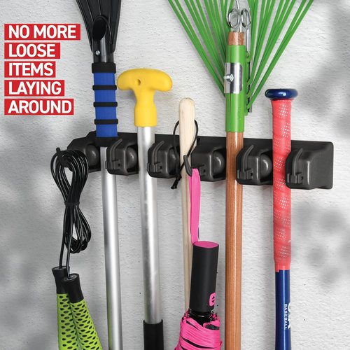 Garage Storage Organizer | 2 Pack Mop and Broom Holder by [Brand Name] - 5 Slots, 6 Hooks, 7.5lbs Capacity - Perfect for Home, Kitchen, Closet, Laundry Room