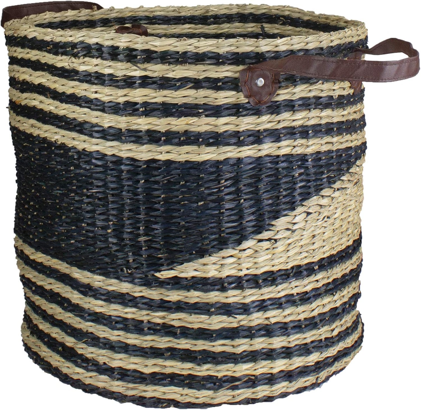 Skiennix 15" Beige and Black Woven Seagrass Basket - Stylish Storage Solution with Handles