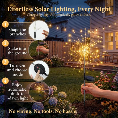 Fairdeer Solar Firework Lights Outdoor 2 Pack, 120LED Starburst Garden Lights Solar Powered with 8 Lighting Modes, Waterproof Decorative Lights for Flower Beds, Walkways, Small Garden & Patio Decor