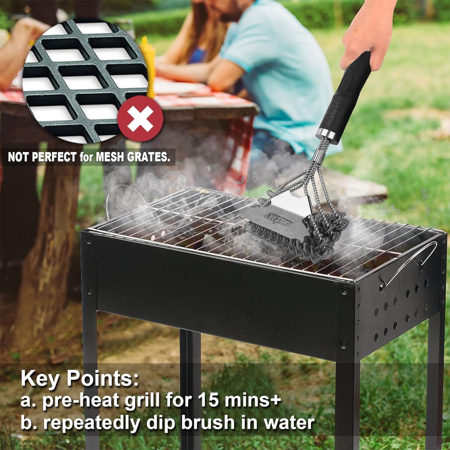 Skiennix Grill Brush and Scraper - Bristle-Free BBQ Cleaner for Safe Grilling | 18'' Stainless Steel for Porcelain, Weber, Gas & Charcoal Grills