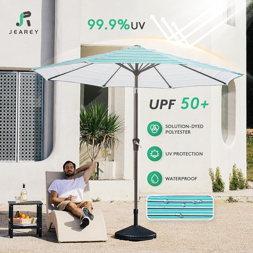 JEAREY 9FT Outdoor Patio Umbrella - UV Protection, Waterproof, Push Button Tilt & Crank | Blue Green Stripe