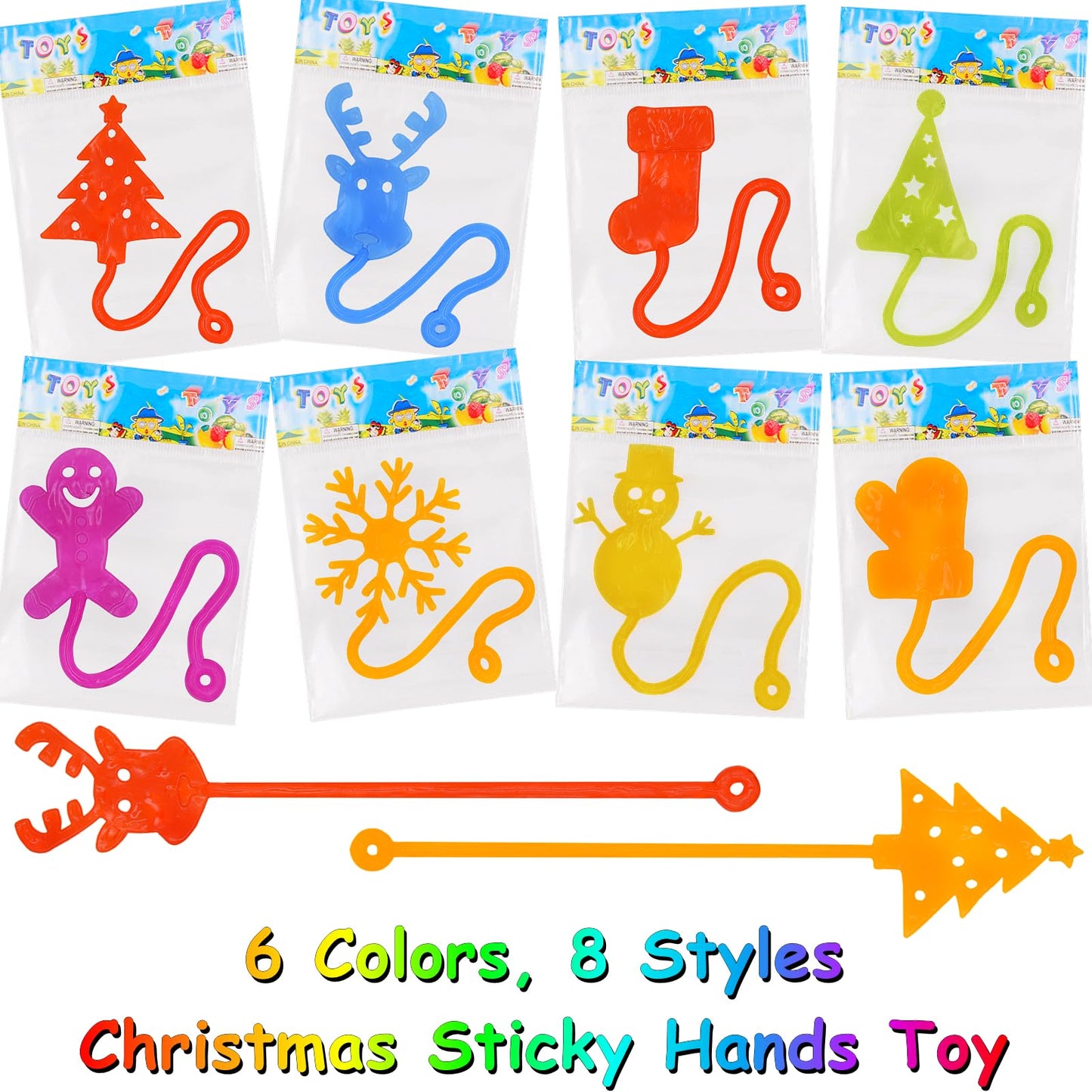 Menzcci 24 Pack Christmas Sticky Hand Toys, 8 Styles Christmas Stocking Tree Hat Glove Deer Snowman Sticky Stretchy Toys for Kids Boys Girls Christmas Stocking Stuffers Party Favors Gifts