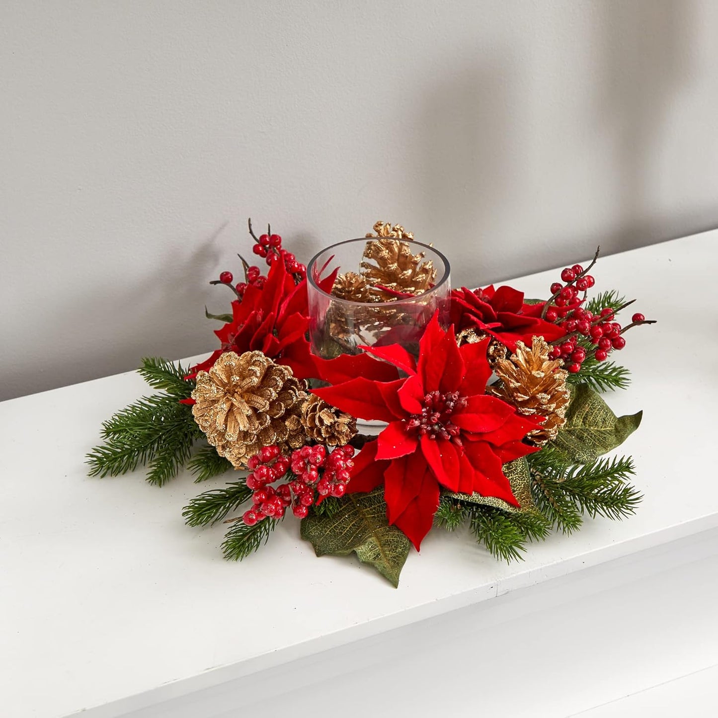 Nearly Natural Poinsettia Candelabrum - Red Artificial Silk Arrangement with Berries & Pine Cones | 6"D x 14"W x 14"H