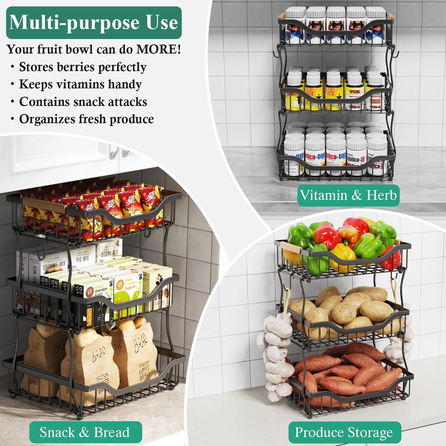 OKZEST 3-Tier Fruit Basket for Kitchen Counter with 2 Banana Hangers, Countertop Organizer Fruit Bowls, Fruit Storage Basket Stand with Handle for Storage Potato Onion Bread Snack Fruit Veggie