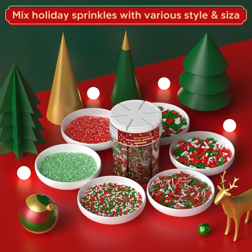 Christmas Sprinkles for Baking, 6 Cell Mix Sprinkles for Christmas Cake Decorating Fancy Sanding Sugar for Ice Cream,Donut,Chocolate Candy,Cookies Decorating - 6.7 oz