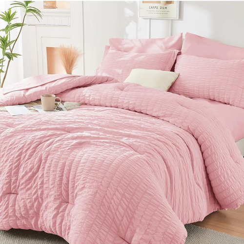 HYMOKEGE Pink Queen Comforter Set - Luxurious 7-Piece All-Season Bedding Set with Sheets & Pillowcases