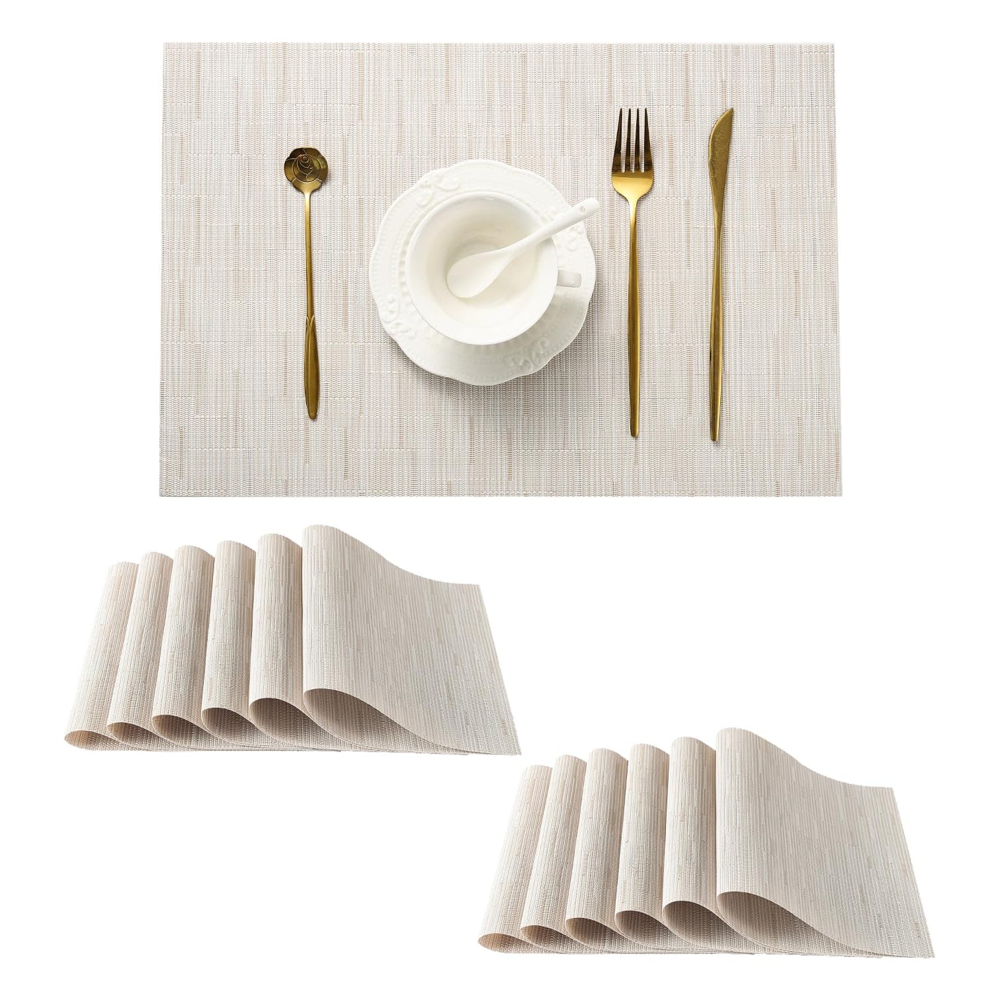 Leetaltree Pale Beige Placemats Set of 12 - Heat Resistant Non-Slip Place mats for Dining Table, Washable Durable PVC Vinyl Woven Table Mats（Pale Beige, 12）