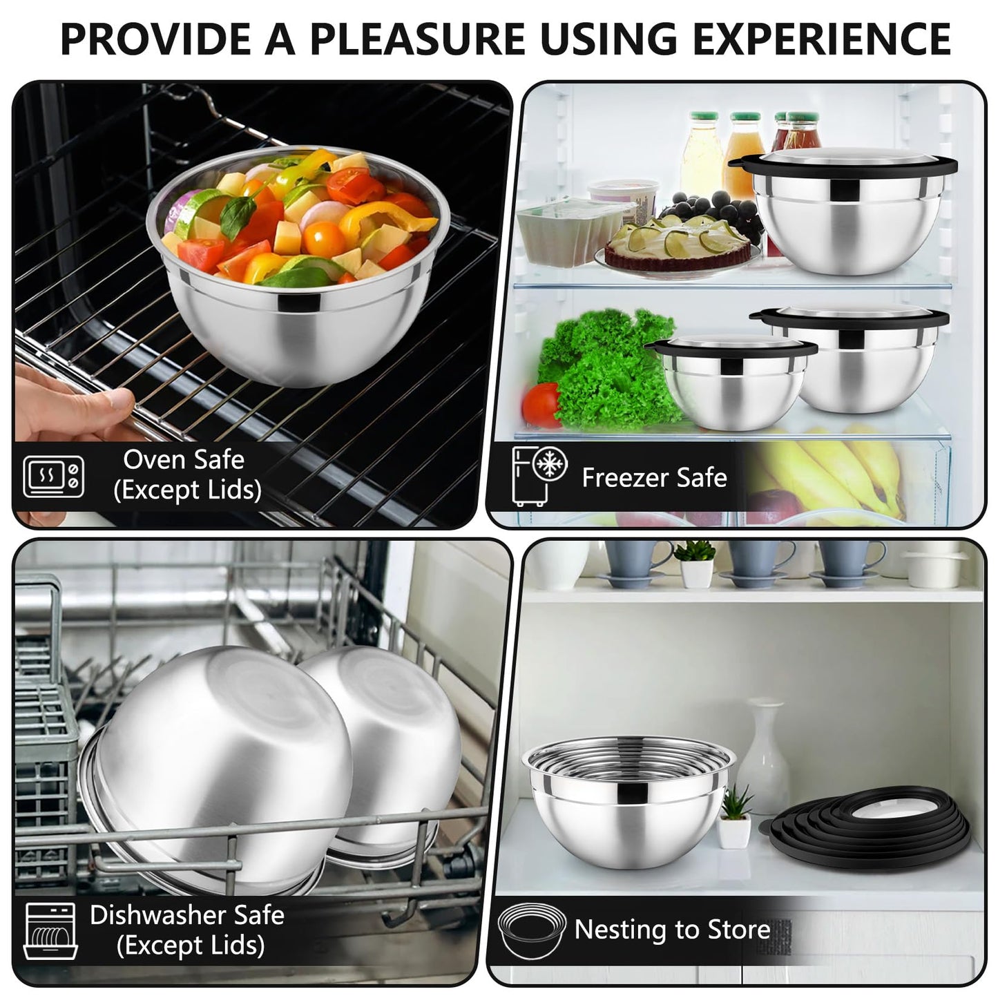 P&P CHEF Mixing Bowl with Lid Set of 7, Stainless Steel Nesting Salad Bowls for Cooking Serving Prepping, Clear Lids & Stackable Design, Size 4.6, 3.5, 3, 2, 1.5, 1, 0.7 Qt - Black