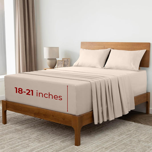 Mellanni Extra Deep Full Sheets - Hotel Luxury Ultra Soft Cooling Bedding - Wrinkle & Stain Resistant (Full, Beige)