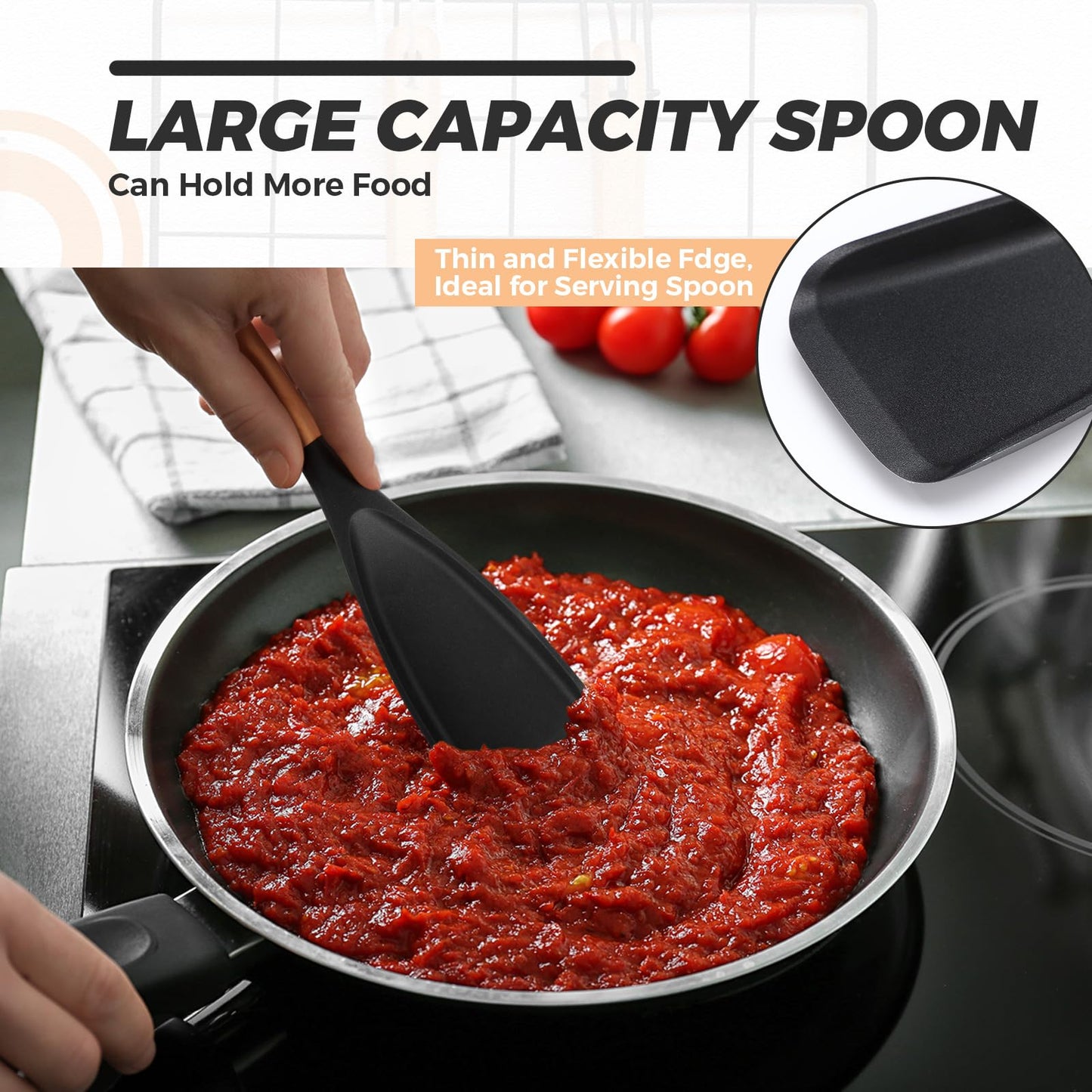 Reallnaive 4 Pcs Silicone Cooking Spoons for Nonstick Cookware 12 Inch Multifunction Spatula Spoon with Wood Handle for Cooking, Serving, Mixing, Scoop, and Scrape(Black)