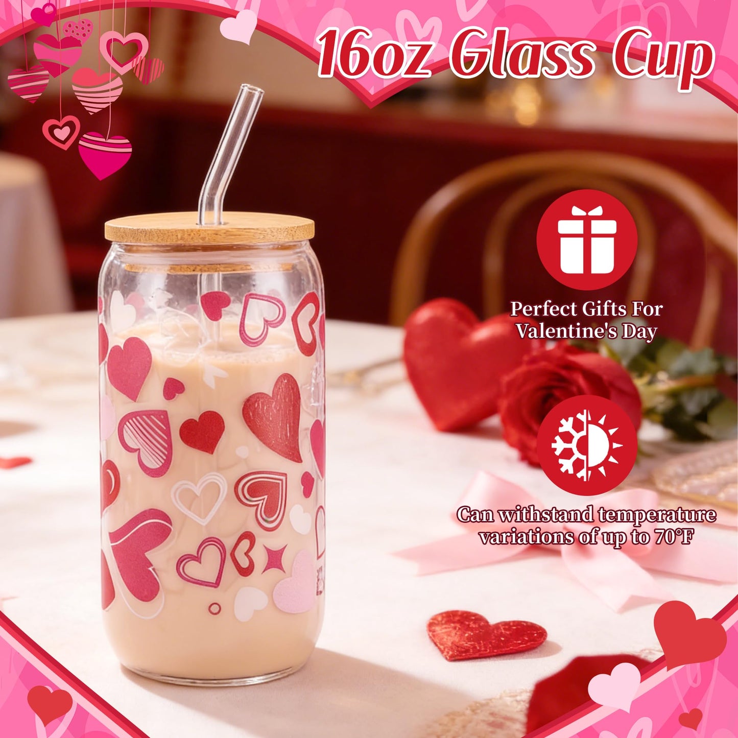 10 Pcs Valentine's Day Basket Gifts for Her, Valentine Gift Stuffers with 16 oz Glass Cup, Socks, Hair Clip, Candle, Heart Bath Salts Bottle Birthday Gift Set for Mom Wife Daughter Teen Girlfriend